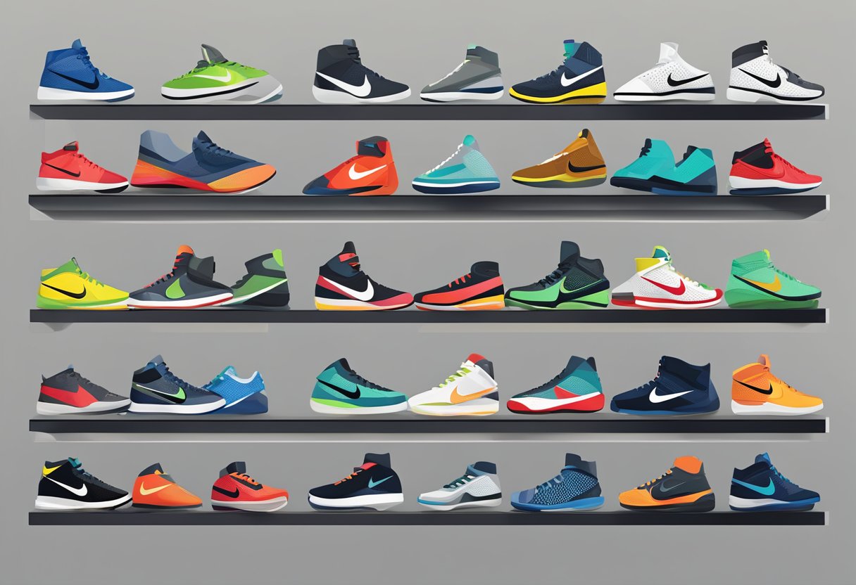 Various Nike boxing shoes arranged in a display, featuring different models and colors