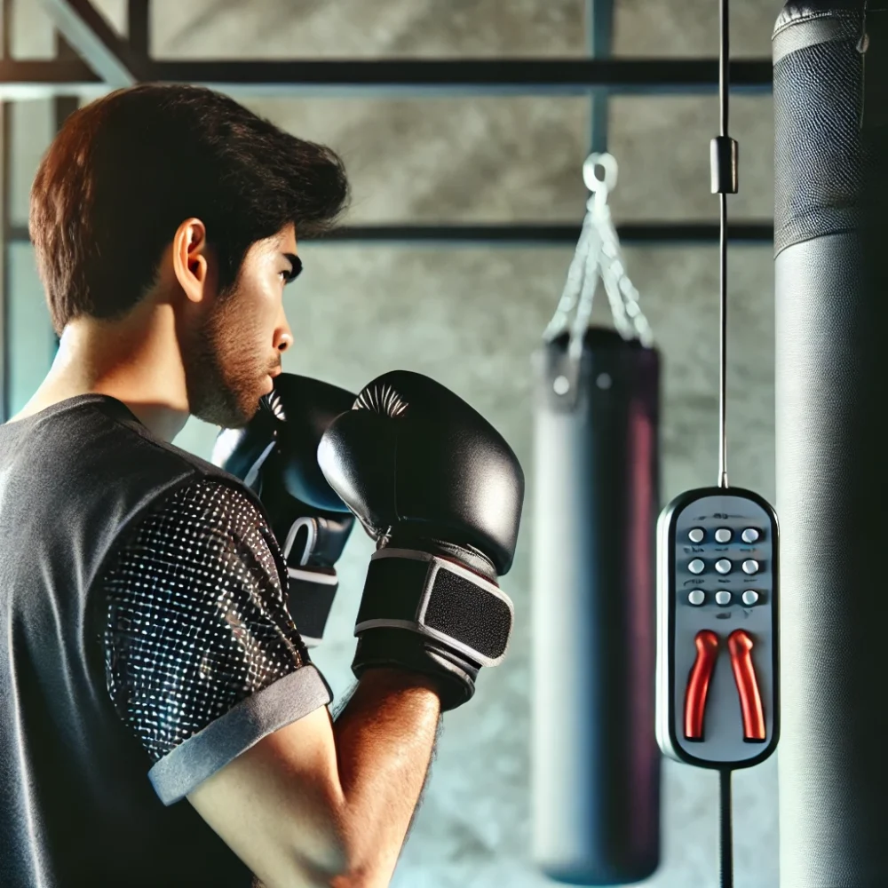 Person performing a boxing workout in a gym setting, focusing on weight loss.