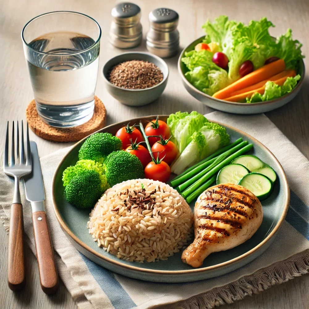 DALL·E 2024-07-21 19.37.34 - A healthy meal with balanced nutrients including grilled chicken, brown rice, steamed vegetables, and a glass of water on a clean, well-set dining tab