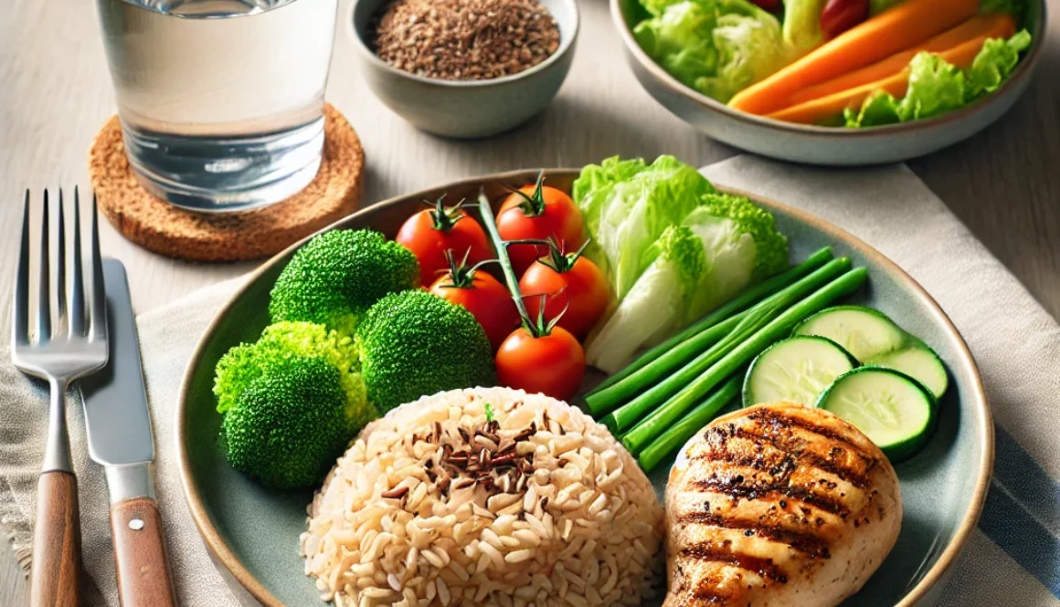 DALL·E 2024-07-21 19.37.34 - A healthy meal with balanced nutrients including grilled chicken, brown rice, steamed vegetables, and a glass of water on a clean, well-set dining tab