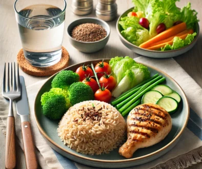 DALL·E 2024-07-21 19.37.34 - A healthy meal with balanced nutrients including grilled chicken, brown rice, steamed vegetables, and a glass of water on a clean, well-set dining tab