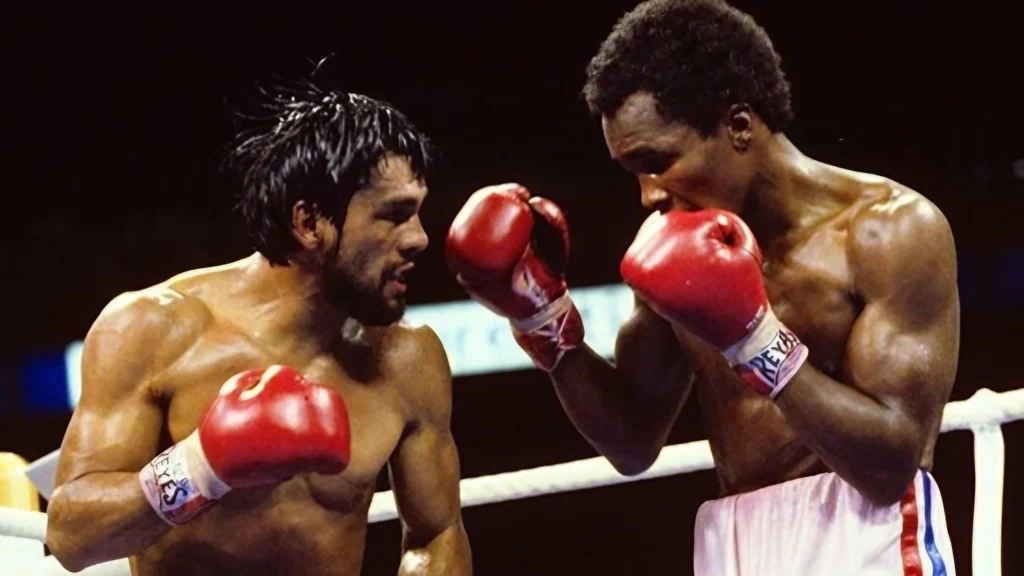 Sugar Ray Leonard and Roberto Durán during their historic bout, known as The Brawl in Montreal