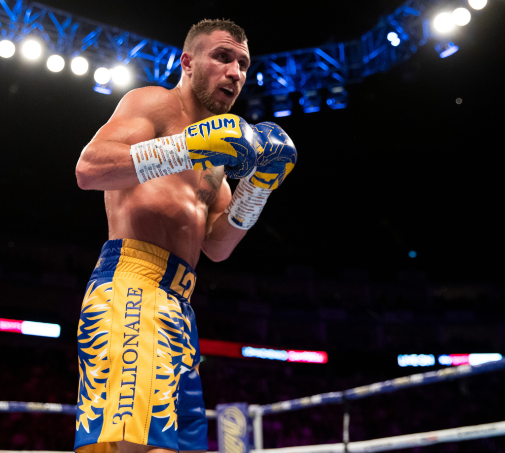 Vasyl Lomachenko using advanced footwork and angles in the boxing ring.